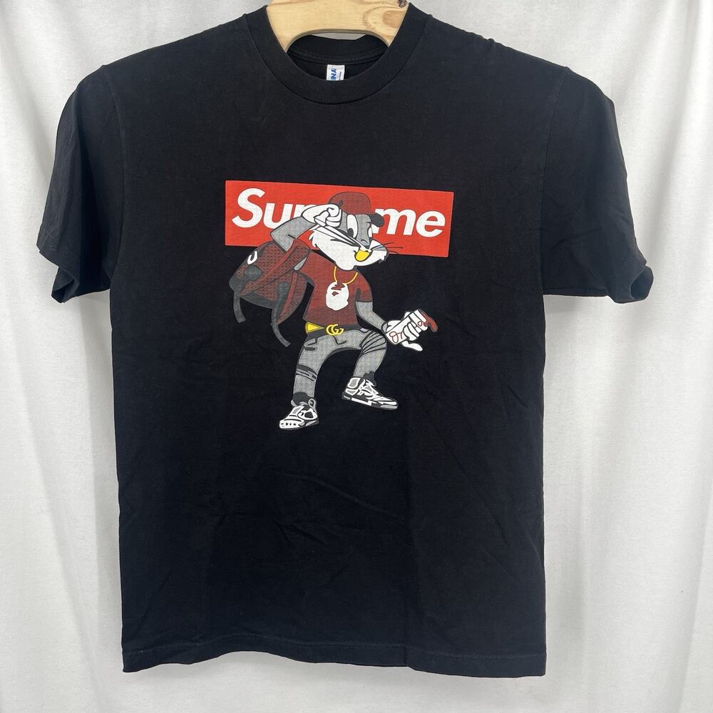 Supreme Logo Bugs Bunny Gangsta Graphic Black Crew Neck Suna Cotton TShirt Large